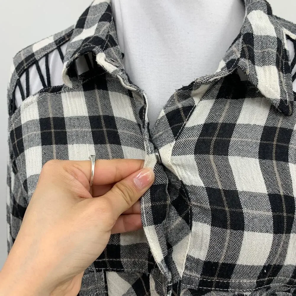 Free People Shirt Womens M Medium Black White Plaid Lace Up Shoulder Snap Button